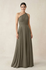 One - Shoulder A - Line Pleated Chiffon Bridesmaid Dress in Willow Green - KISS BRIDAL Bridesmaid Dresses