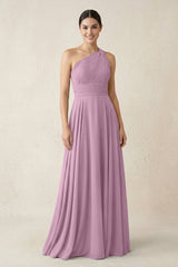 One - Shoulder A - Line Pleated Chiffon Bridesmaid Dress in Wisteria - KISS BRIDAL Bridesmaid Dresses