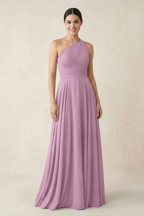 One - Shoulder A - Line Pleated Chiffon Bridesmaid Dress in Wisteria - SHE IS ME Bridesmaid Dresses