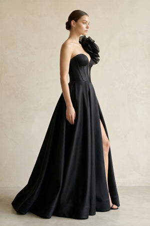 One - Shoulder A - Line Satin 3D Flower Corset Wedding Dress in Black - SHE IS ME Wedding Dresses