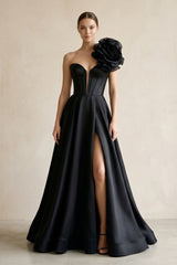 One - Shoulder A - Line Satin 3D Flower Corset Wedding Dress in Black - KISS BRIDAL Wedding Dresses