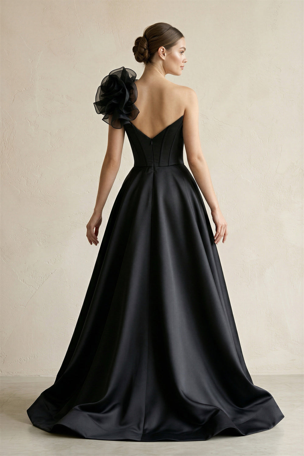 One - Shoulder A - Line Satin 3D Flower Corset Wedding Dress in Black - KISS BRIDAL Wedding Dresses