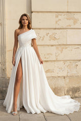 One Shoulder A Line Satin Wedding Dress With Bow - KISS BRIDAL Wedding Dresses