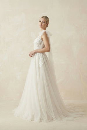 One Shoulder A Line Tulle Wedding Dress With Appliques in Ivory - SHE IS ME Wedding Dresses