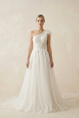 One Shoulder A Line Tulle Wedding Dress With Appliques in Ivory - KISS BRIDAL Wedding Dresses