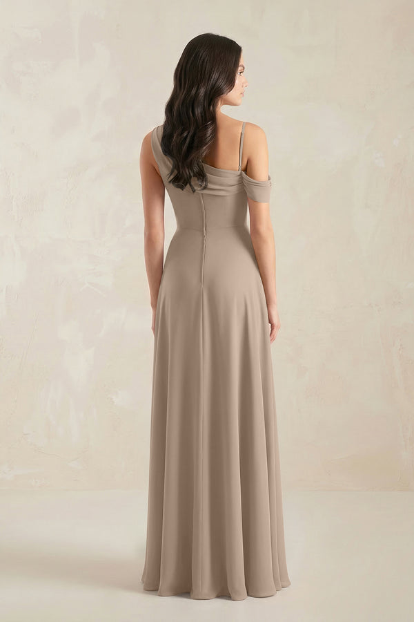 One-Shoulder Chiffon A-Line Bridesmaid Dress in Almond (2) | KISSBRIDAL