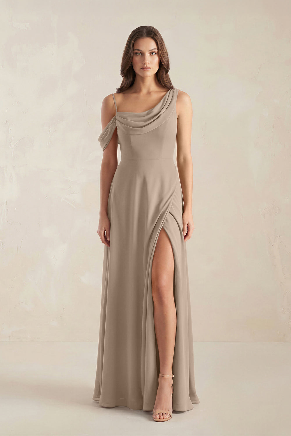 One-Shoulder Chiffon A-Line Bridesmaid Dress in Almond