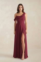 One-Shoulder Chiffon A-Line Bridesmaid Dress in Berry | KISSBRIDAL