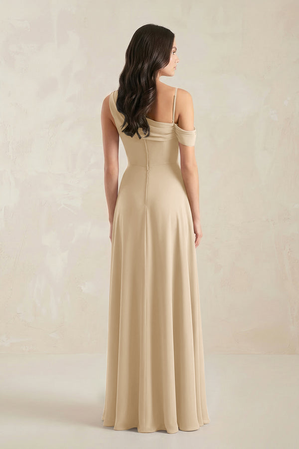 One-Shoulder Chiffon A-Line Bridesmaid Dress in Champagne (2) | KISSBRIDAL