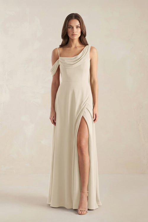 One - Shoulder Chiffon A - Line Bridesmaid Dress in Champagne - SHE IS ME Bridesmaid Dresses