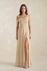 One-Shoulder Chiffon A-Line Bridesmaid Dress in Champagne | KISSBRIDAL