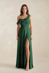 One-Shoulder Chiffon A-Line Bridesmaid Dress in Dark Green | KISSBRIDAL