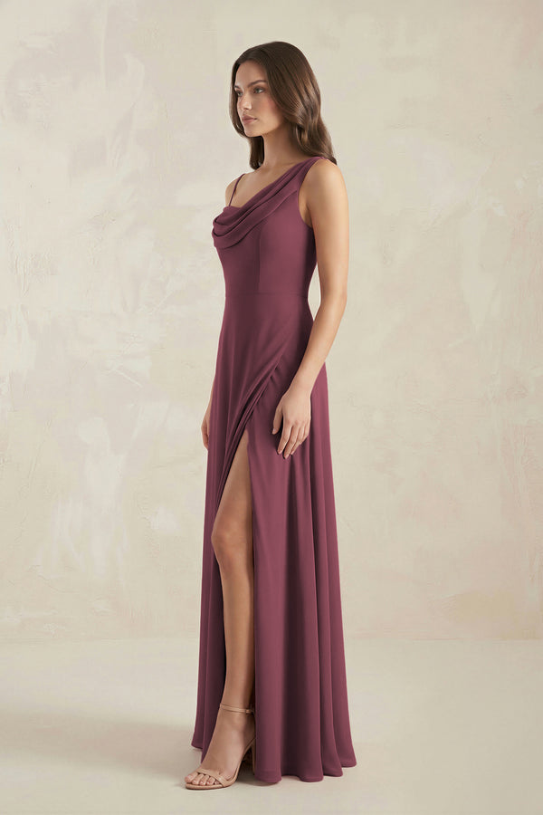One-Shoulder Chiffon A-Line Bridesmaid Dress in Desert Rose (3) | KISSBRIDAL