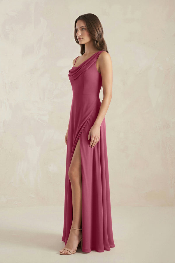 One - Shoulder Chiffon A - Line Bridesmaid Dress in Desert Rose - KISS BRIDAL Bridesmaid Dresses