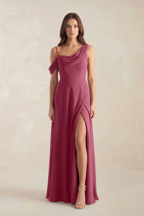 One - Shoulder Chiffon A - Line Bridesmaid Dress in Desert Rose - KISS BRIDAL Bridesmaid Dresses