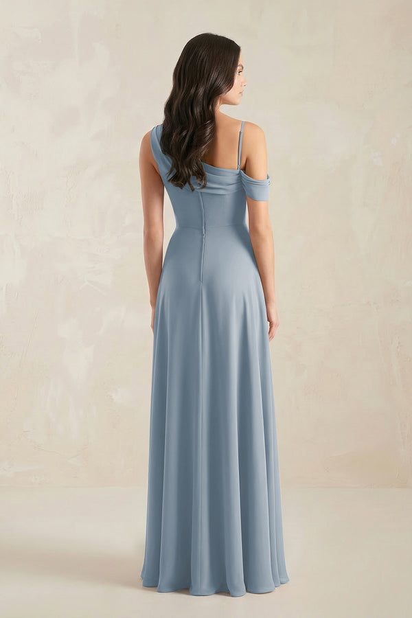 One-Shoulder Chiffon A-Line Bridesmaid Dress in Dusty Blue (2) | KISSBRIDAL