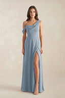 One-Shoulder Chiffon A-Line Bridesmaid Dress in Dusty Blue | KISSBRIDAL