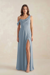 One-Shoulder Chiffon A-Line Bridesmaid Dress in Dusty Blue | KISSBRIDAL