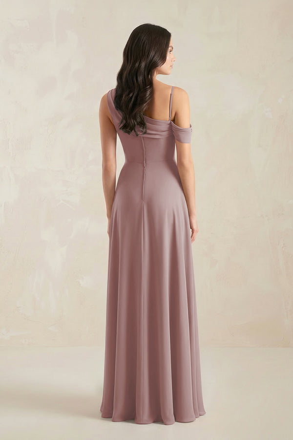 One-Shoulder Chiffon A-Line Bridesmaid Dress in Dusty Rose (2) | KISSBRIDAL