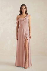 One-Shoulder Chiffon A-Line Bridesmaid Dress in English Rose | KISSBRIDAL