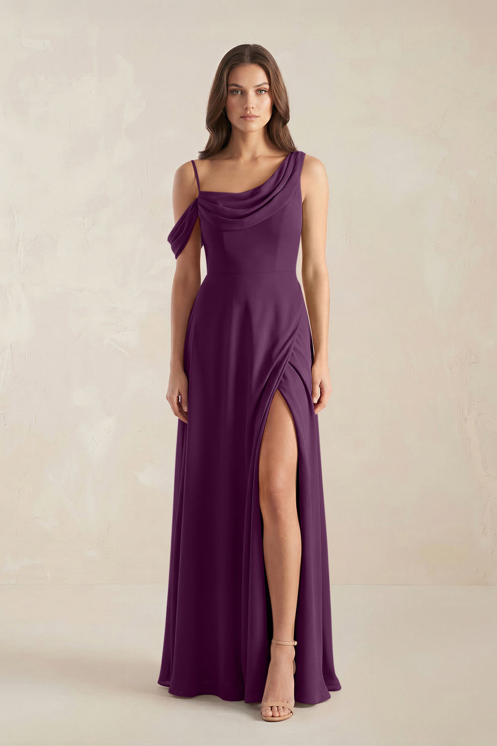 One-Shoulder Chiffon A-Line Bridesmaid Dress in Fig