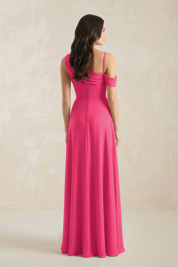 One-Shoulder Chiffon A-Line Bridesmaid Dress in Fuchsia (2) | KISSBRIDAL