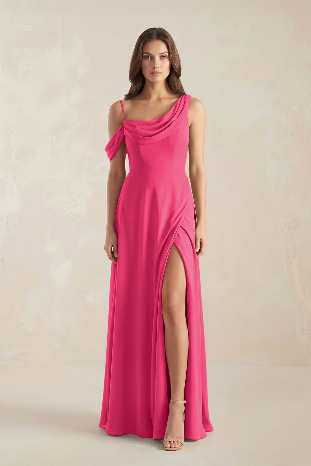 One-Shoulder Chiffon A-Line Bridesmaid Dress in Fuchsia