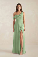 One-Shoulder Chiffon A-Line Bridesmaid Dress in Matcha | KISSBRIDAL