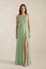 One-Shoulder Chiffon A-Line Bridesmaid Dress in Matcha | KISSBRIDAL