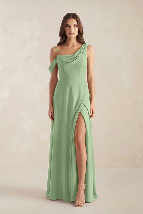One-Shoulder Chiffon A-Line Bridesmaid Dress in Matcha | KISSBRIDAL