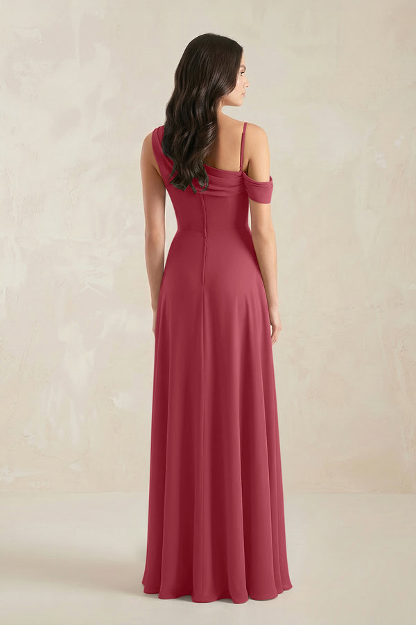 One-Shoulder Chiffon A-Line Bridesmaid Dress in Merlot (2) | KISSBRIDAL