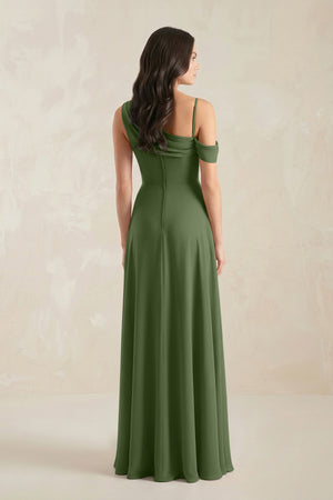 One-Shoulder Chiffon A-Line Bridesmaid Dress in Moss (2) | KISSBRIDAL