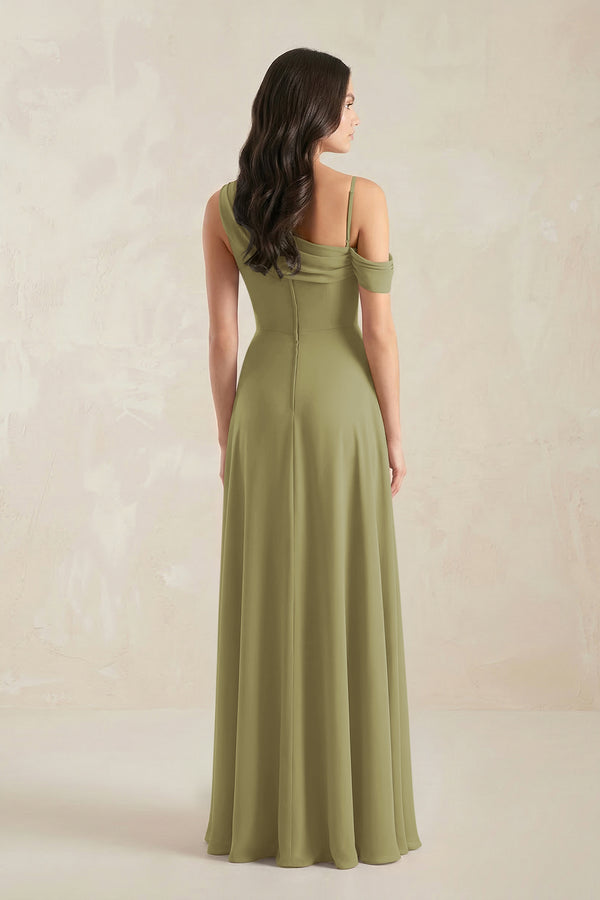 One-Shoulder Chiffon A-Line Bridesmaid Dress in Moss Green (2) | KISSBRIDAL