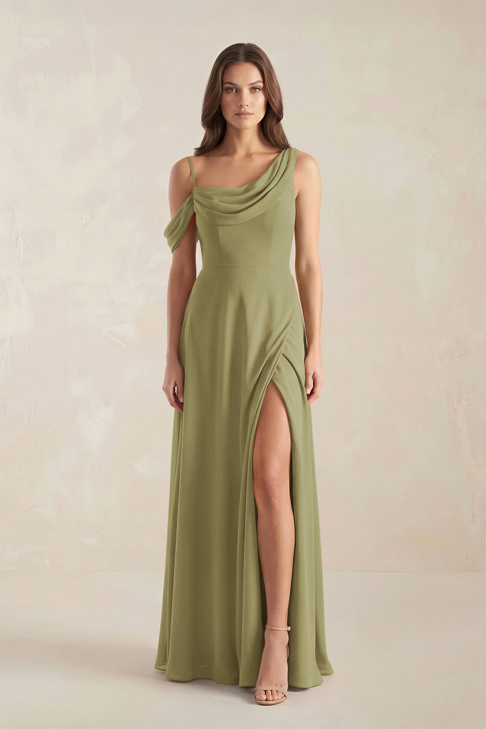 One-Shoulder Chiffon A-Line Bridesmaid Dress in Moss Green