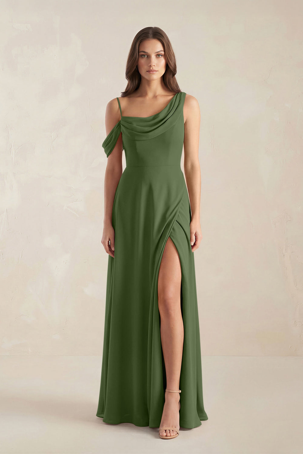 One-Shoulder Chiffon A-Line Bridesmaid Dress in Moss