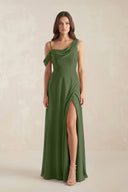One-Shoulder Chiffon A-Line Bridesmaid Dress in Moss | KISSBRIDAL