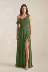 One-Shoulder Chiffon A-Line Bridesmaid Dress in Moss | KISSBRIDAL