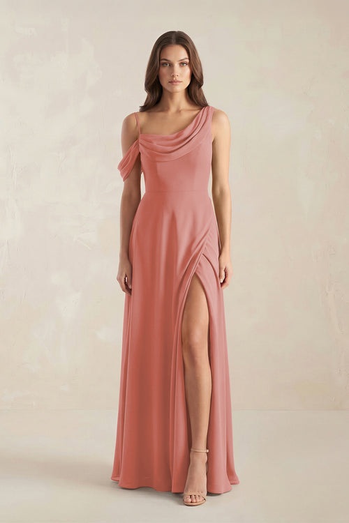 One-Shoulder Chiffon A-Line Bridesmaid Dress in Mulberry | KISSBRIDAL