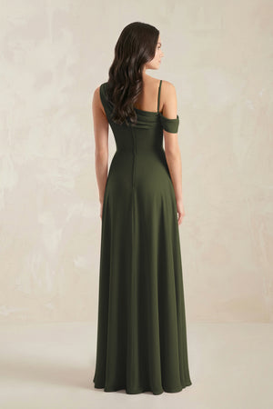 One-Shoulder Chiffon A-Line Bridesmaid Dress in Olive (2) | KISSBRIDAL