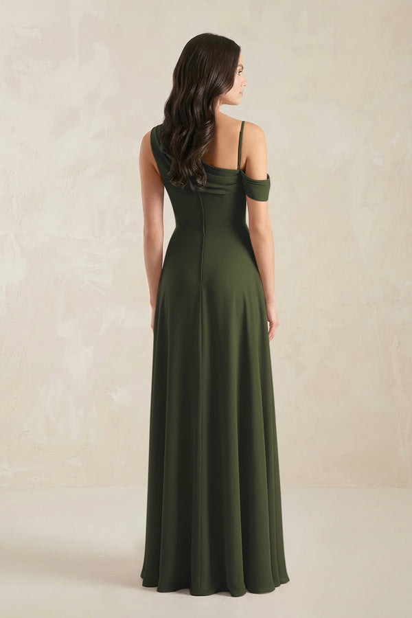 One-Shoulder Chiffon A-Line Bridesmaid Dress in Olive (2) | KISSBRIDAL