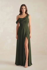 One-Shoulder Chiffon A-Line Bridesmaid Dress in Olive | KISSBRIDAL