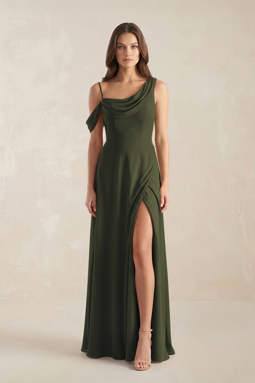 One-Shoulder Chiffon A-Line Bridesmaid Dress in Olive | KISSBRIDAL