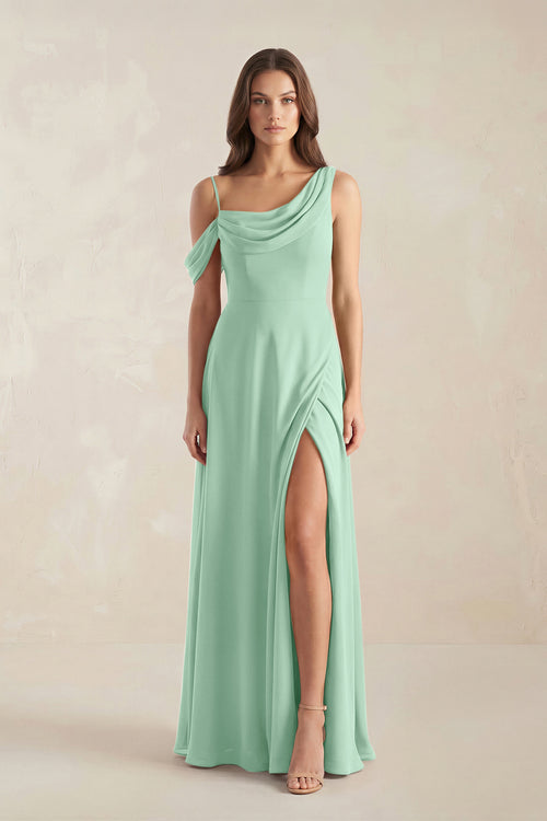 One-Shoulder Chiffon A-Line Bridesmaid Dress in Pale Pistachio | KISSBRIDAL