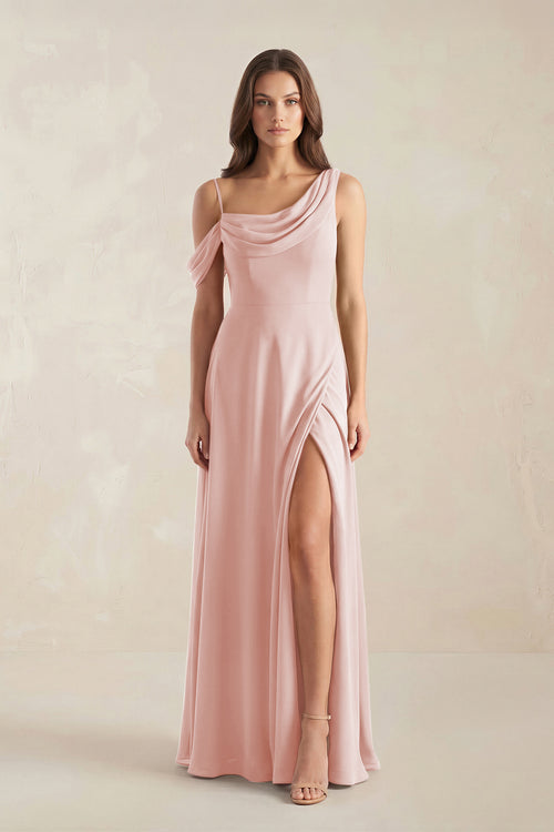 One-Shoulder Chiffon A-Line Bridesmaid Dress in Rose Petal | KISSBRIDAL