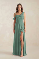 One-Shoulder Chiffon A-Line Bridesmaid Dress in Sea Glass | KISSBRIDAL