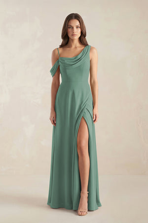 One-Shoulder Chiffon A-Line Bridesmaid Dress in Sea Glass | KISSBRIDAL
