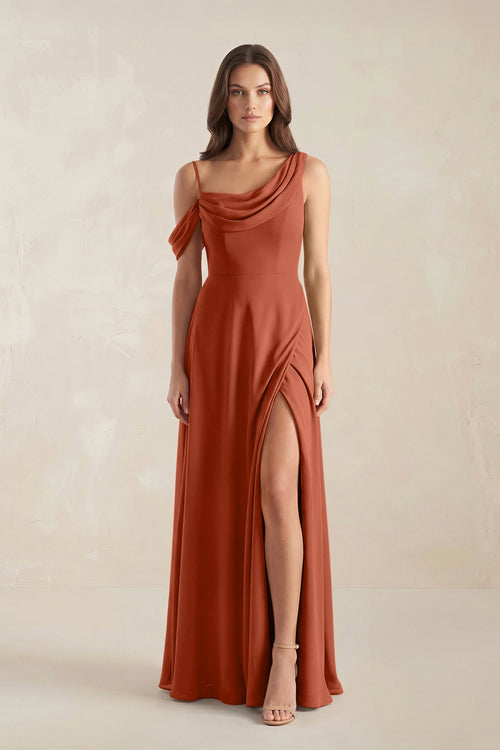 One-Shoulder Chiffon A-Line Bridesmaid Dress in Spice | KISSBRIDAL