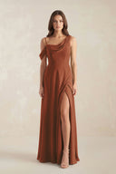 One-Shoulder Chiffon A-Line Bridesmaid Dress in Terracotta | KISSBRIDAL