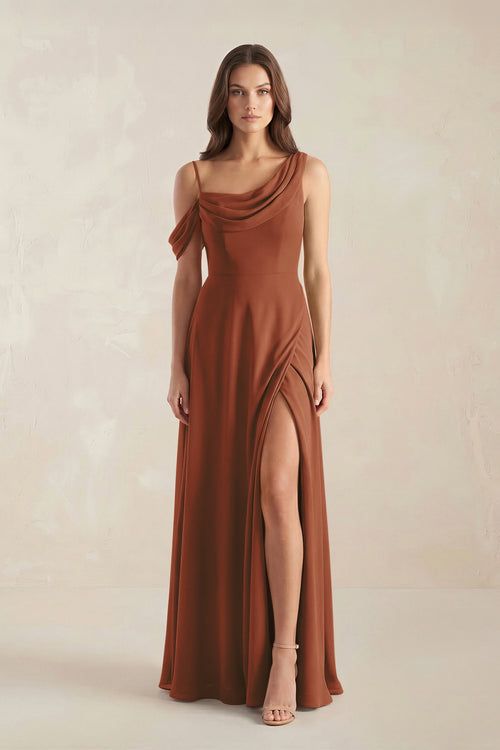 One-Shoulder Chiffon A-Line Bridesmaid Dress in Terracotta | KISSBRIDAL