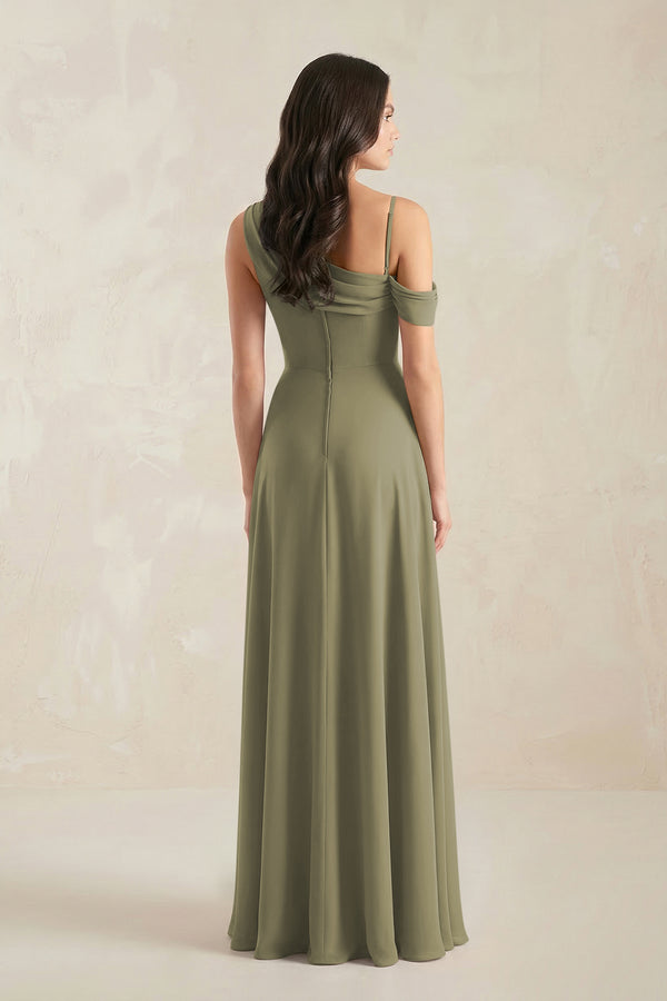 One-Shoulder Chiffon A-Line Bridesmaid Dress in Thyme (2) | KISSBRIDAL